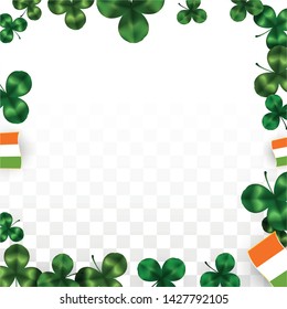 Vector Clover Leaf  and Ireland Flag Isolated on Transparent Background. St. Patrick's Day Illustration. Ireland's Lucky Shamrock Poster.  Card for Irish Concert in Pub. Tourism in Ireland.