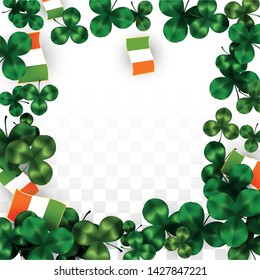 Vector Clover Leaf  and Ireland Flag Isolated on Transparent Background. St. Patrick's Day Illustration. Ireland's Lucky Shamrock Poster.  Banner for Irish Party. Success Symbols.