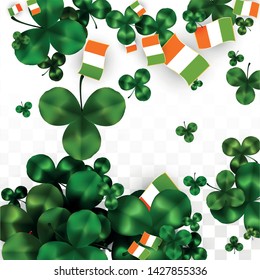 Vector Clover Leaf  and Ireland Flag Isolated on Transparent Background. St. Patrick's Day Illustration. Ireland's Lucky Shamrock Poster.  Poster for Irish Concert in Pub. Flatlay. 