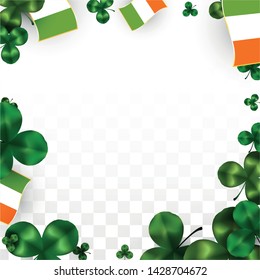 Vector Clover Leaf  and Ireland Flag Isolated on Transparent Background. St. Patrick's Day Illustration. Ireland's Lucky Shamrock Poster.  Card for Irish Party. Tourism in Ireland.