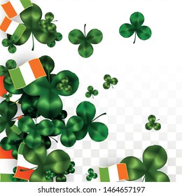 Vector Clover Leaf  and Ireland Flag Isolated on Transparent Background. St. Patrick's Day Illustration. Ireland's Lucky Shamrock Poster.  Flyer for Patrick's Party. Flatlay. 