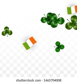 Vector Clover Leaf  and Ireland Flag Isolated on Transparent Background. St. Patrick's Day Illustration. Ireland's Lucky Shamrock Poster.  Card for Patrick's Party. Tourism in Ireland.