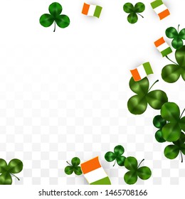 Vector Clover Leaf  and Ireland Flag Isolated on Transparent Background. St. Patrick's Day Illustration. Ireland's Lucky Shamrock Poster.  Invitation for Patrick's Party. Top View.