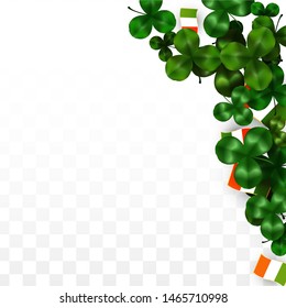 Vector Clover Leaf  and Ireland Flag Isolated on Transparent Background. St. Patrick's Day Illustration. Ireland's Lucky Shamrock Poster.  Cover for Irish Concert in Pub. Top View.