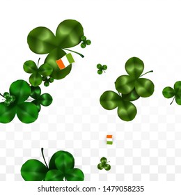 Vector Clover Leaf  and Ireland Flag Isolated on Transparent Background. St. Patrick's Day Illustration. Ireland's Lucky Shamrock Poster.  Card for Patrick's Party. Tourism in Ireland.