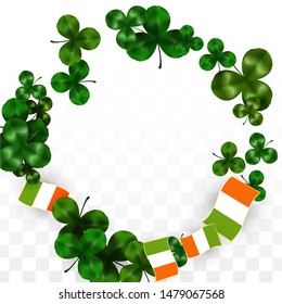 Vector Clover Leaf  and Ireland Flag Isolated on Transparent Background. St. Patrick's Day Illustration. Ireland's Lucky Shamrock Poster.  Card for Irish Party. Success Symbols.