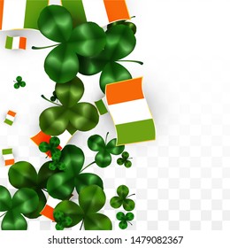Vector Clover Leaf  and Ireland Flag Isolated on Transparent Background. St. Patrick's Day Illustration. Ireland's Lucky Shamrock Poster.  Card for Irish Party. Tourism in Ireland.