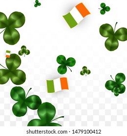Vector Clover Leaf  and Ireland Flag Isolated on Transparent Background. St. Patrick's Day Illustration. Ireland's Lucky Shamrock Poster.  Cover for Patrick's Party. Top View.