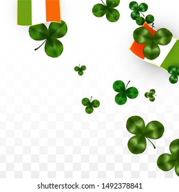 Vector Clover Leaf  and Ireland Flag Isolated on Transparent Background. St. Patrick's Day Illustration. Ireland's Lucky Shamrock Poster.  Invitation for Irish Party. Top View.