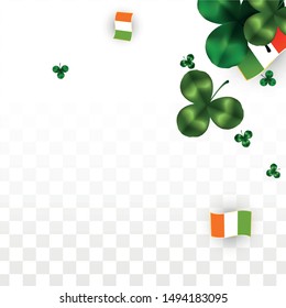 Vector Clover Leaf  and Ireland Flag Isolated on Transparent Background. St. Patrick's Day Illustration. Ireland's Lucky Shamrock Poster.  Invitation for Irish Concert in Pub. Flatlay. 