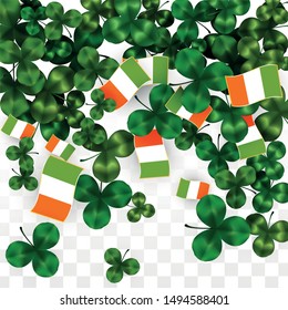 Vector Clover Leaf  and Ireland Flag Isolated on Transparent Background. St. Patrick's Day Illustration. Ireland's Lucky Shamrock Poster.  Poster for Irish Party. Tourism in Ireland.