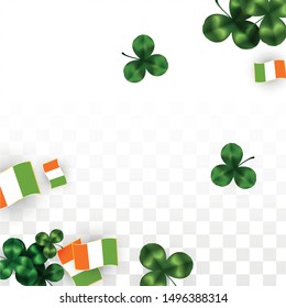 Vector Clover Leaf  and Ireland Flag Isolated on Transparent Background. St. Patrick's Day Illustration. Ireland's Lucky Shamrock Poster.  Flyer for Irish Concert in Pub. Flatlay. 