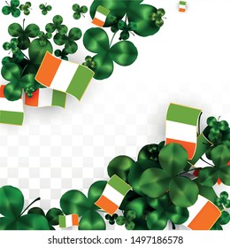 Vector Clover Leaf  and Ireland Flag Isolated on Transparent Background. St. Patrick's Day Illustration. Ireland's Lucky Shamrock Poster.  Poster for Irish Concert in Pub. Success Symbols.