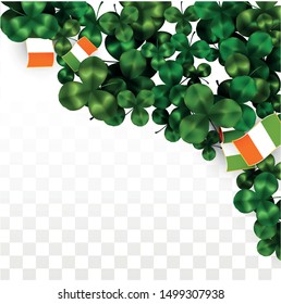 Vector Clover Leaf  and Ireland Flag Isolated on Transparent Background. St. Patrick's Day Illustration. Ireland's Lucky Shamrock Poster.  Cover for Patrick's Party. Top View.