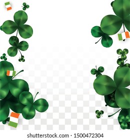 Vector Clover Leaf  and Ireland Flag Isolated on Transparent Background. St. Patrick's Day Illustration. Ireland's Lucky Shamrock Poster.  Cover for Irish Party. Success Symbols.
