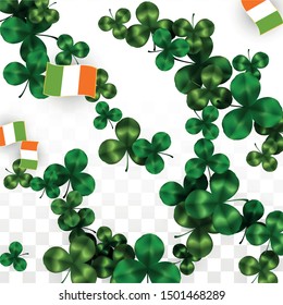 Vector Clover Leaf  and Ireland Flag Isolated on Transparent Background. St. Patrick's Day Illustration. Ireland's Lucky Shamrock Poster.  Poster for Irish Concert in Pub. Top View.