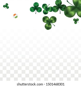 Vector Clover Leaf  and Ireland Flag Isolated on Transparent Background. St. Patrick's Day Illustration. Ireland's Lucky Shamrock Poster.  Card for Irish Party. Flatlay. 