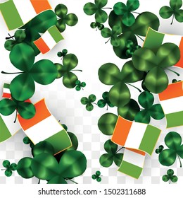 Vector Clover Leaf  and Ireland Flag Isolated on Transparent Background. St. Patrick's Day Illustration. Ireland's Lucky Shamrock Poster.  Card for Irish Party. Flatlay. 