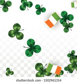 Vector Clover Leaf  and Ireland Flag Isolated on Transparent Background. St. Patrick's Day Illustration. Ireland's Lucky Shamrock Poster.  Flyer for Irish Party. Flatlay. 