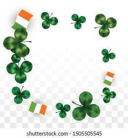 Vector Clover Leaf  and Ireland Flag Isolated on Transparent Background. St. Patrick's Day Illustration. Ireland's Lucky Shamrock Poster.  Cover for Irish Party. Flatlay. 