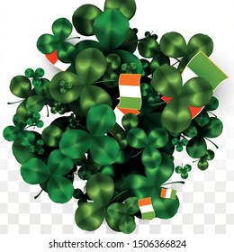 Vector Clover Leaf  and Ireland Flag Isolated on Transparent Background. St. Patrick's Day Illustration. Ireland's Lucky Shamrock Poster.  Poster for Irish Party. Tourism in Ireland.