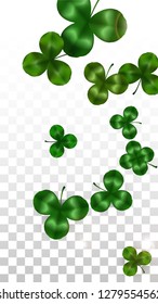 Vector Clover Leaf  Isolated on Transparent Background with Space for Text. St. Patrick's Day Illustration. Ireland's Lucky Shamrock Poster. Invintation for Irish Party Flatlay.  Success Symbols.