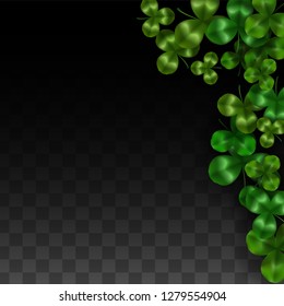 Vector Clover Leaf  Isolated on Transparent Background with Space for Text. St. Patrick's Day Illustration. Ireland's Lucky Shamrock Poster. Invintation for Concert in Pub. Flatlay.  Success Symbols.