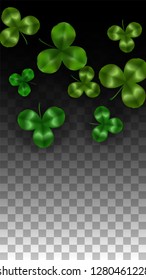 Vector Clover Leaf  Isolated on Transparent Background with Space for Text. St. Patrick's Day Illustration. Ireland's Lucky Shamrock Poster. Invintation for Concert in Pub. Top View.  Success Symbols.