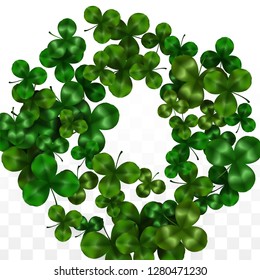 Vector Clover Leaf  Isolated on Transparent Background with Space for Text. St. Patrick's Day Illustration. Ireland's Lucky Shamrock Poster. Banner for Irish Party Flatlay.  Success Symbols.