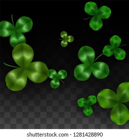 Vector Clover Leaf  Isolated on Transparent Background with Space for Text. St. Patrick's Day Illustration. Ireland's Lucky Shamrock Poster. Banner for Irish Party Top View.  Success Symbols.