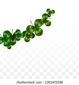 Vector Clover Leaf  Isolated on Transparent Background with Space for Text. St. Patrick's Day Illustration. Ireland's Lucky Shamrock Poster. Banner for Irish Party Flatlay.  Success Symbols.