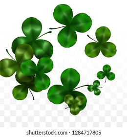 Vector Clover Leaf  Isolated on Transparent Background with Space for Text. St. Patrick's Day Illustration. Ireland's Lucky Shamrock Poster. Invintation for Concert in Pub. Flatlay.  Success Symbols.