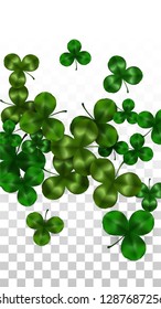 Vector Clover Leaf  Isolated on Transparent Background with Space for Text. St. Patrick's Day Illustration. Ireland's Lucky Shamrock Poster. Invintation for Irish Party Top View.  Success Symbols.