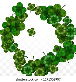 Vector Clover Leaf  Isolated on Transparent Background with Space for Text. St. Patrick's Day Illustration. Ireland's Lucky Shamrock Poster. Banner for Concert in Pub. Top View.  Success Symbols.