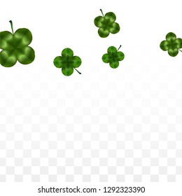 Vector Clover Leaf  Isolated on Transparent Background with Space for Text. St. Patrick's Day Illustration. Ireland's Lucky Shamrock Poster. Invintation for Concert in Pub. Top View.  Success Symbols.
