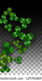 Vector Clover Leaf  Isolated on Transparent Background with Space for Text. St. Patrick's Day Illustration. Ireland's Lucky Shamrock Poster. Invintation for Concert in Pub. Top View.  Success Symbols.