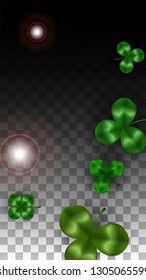 Vector Clover Leaf  Isolated on Transparent Background with Space for Text. St. Patrick's Day Illustration. Ireland's Lucky Shamrock Poster. Invintation for Irish Party Top View.  Success Symbols.