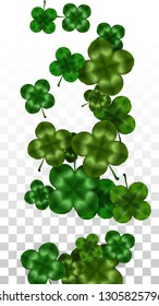 Vector Clover Leaf  Isolated on Transparent Background with Space for Text. St. Patrick's Day Illustration. Ireland's Lucky Shamrock Poster. Banner for Concert in Pub. Flatlay.  Success Symbols.