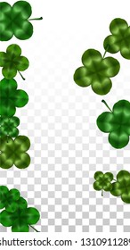 Vector Clover Leaf  Isolated on Transparent Background with Space for Text. St. Patrick's Day Illustration. Ireland's Lucky Shamrock Poster. Invintation for Irish Party Top View.  Success Symbols.