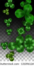 Vector Clover Leaf  Isolated on Transparent Background with Space for Text. St. Patrick's Day Illustration. Ireland's Lucky Shamrock Poster. Banner for Concert in Pub. Top View.  Success Symbols.