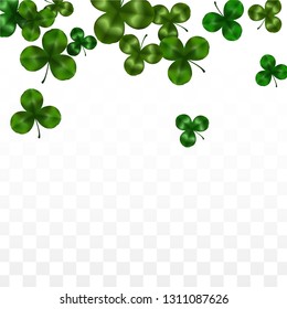 Vector Clover Leaf  Isolated on Transparent Background with Space for Text. St. Patrick's Day Illustration. Ireland's Lucky Shamrock Poster. Invintation for Concert in Pub. Flatlay.  Success Symbols.