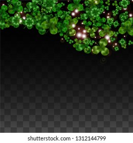 Vector Clover Leaf  Isolated on Transparent Background with Space for Text. St. Patrick's Day Illustration. Ireland's Lucky Shamrock Poster. Invintation for Concert in Pub. Top View.  Success Symbols.