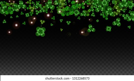 Vector Clover Leaf  Isolated on Transparent Background with Space for Text. St. Patrick's Day Illustration. Ireland's Lucky Shamrock Poster. Banner for Concert in Pub. Top View.  Success Symbols.