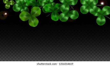 Vector Clover Leaf  Isolated on Transparent Background with Space for Text. St. Patrick's Day Illustration. Ireland's Lucky Shamrock Poster. Banner for Concert in Pub. Flatlay.  Success Symbols.
