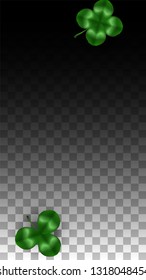 Vector Clover Leaf  Isolated on Transparent Background with Space for Text. St. Patrick's Day Illustration. Ireland's Lucky Shamrock Poster. Invintation for Concert in Pub. Top View.  Success Symbols.