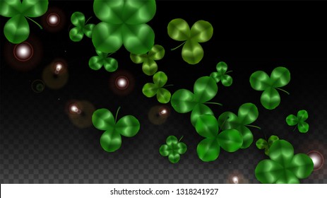 Vector Clover Leaf  Isolated on Transparent Background with Space for Text. St. Patrick's Day Illustration. Ireland's Lucky Shamrock Poster. Banner for Concert in Pub. Top View.  Success Symbols.
