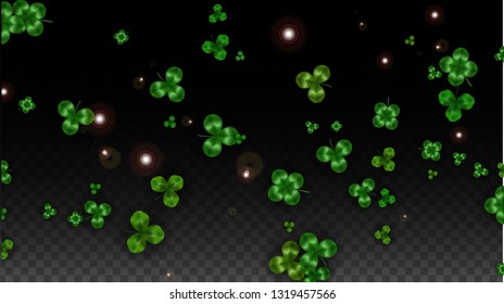 Vector Clover Leaf  Isolated on Transparent Background with Space for Text. St. Patrick's Day Illustration. Ireland's Lucky Shamrock Poster. Banner for Irish Party Top View.  Success Symbols.