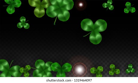 Vector Clover Leaf  Isolated on Transparent Background with Space for Text. St. Patrick's Day Illustration. Ireland's Lucky Shamrock Poster. Invintation for Concert in Pub. Top View.  Success Symbols.