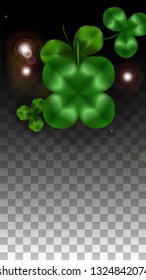 Vector Clover Leaf  Isolated on Transparent Background with Space for Text. St. Patrick's Day Illustration. Ireland's Lucky Shamrock Poster. Banner for Irish Party Top View.  Success Symbols.