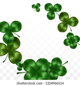 Vector Clover Leaf  Isolated on Transparent Background with Space for Text. St. Patrick's Day Illustration. Ireland's Lucky Shamrock Poster. Banner for Irish Party Top View.  Success Symbols.